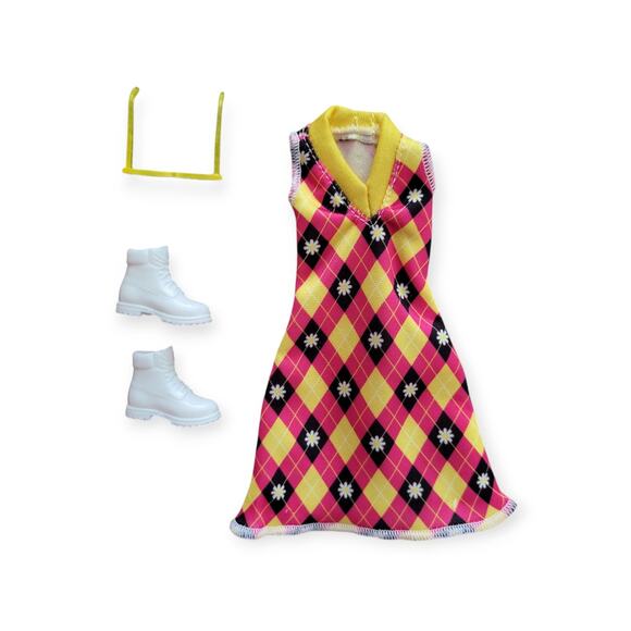 Barbie Other - Barbie Doll Clothes Pink Yellow Black Dress Sneakers & Sunglasses